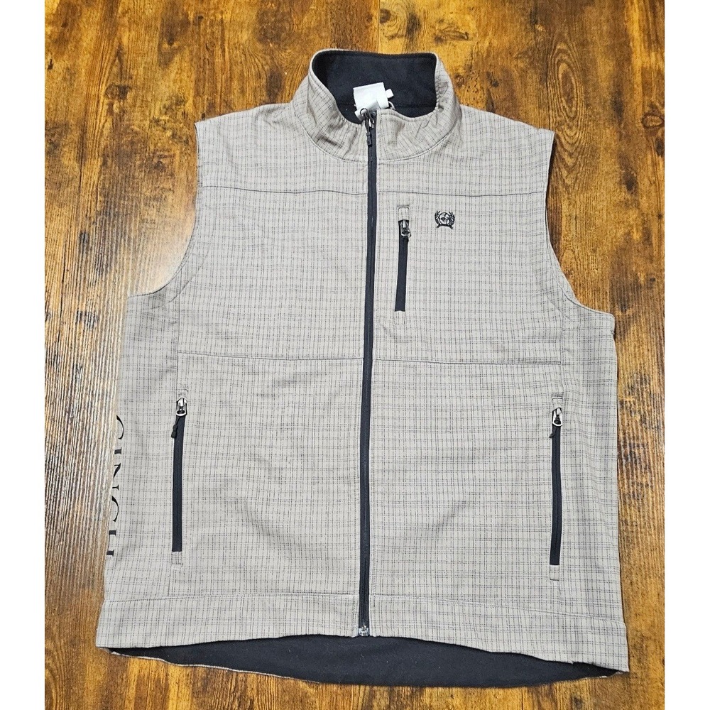 Cinch Mens Bonded Softshell Vest Tan Black Grid Full Zip Western XL